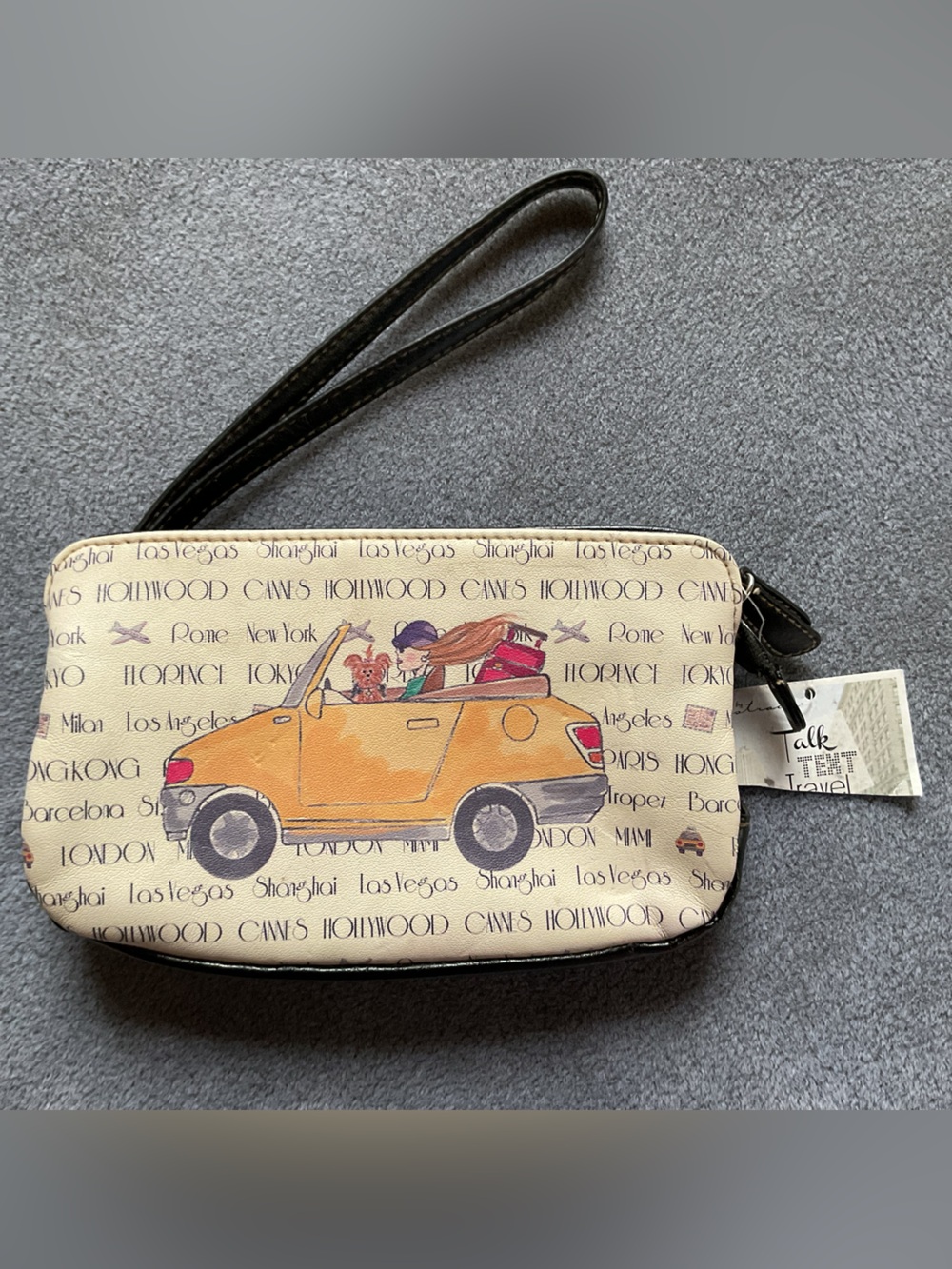 Cute STRADA Clutch Purse Wallet Carrying Strap Girl & Dog in Car Traveling